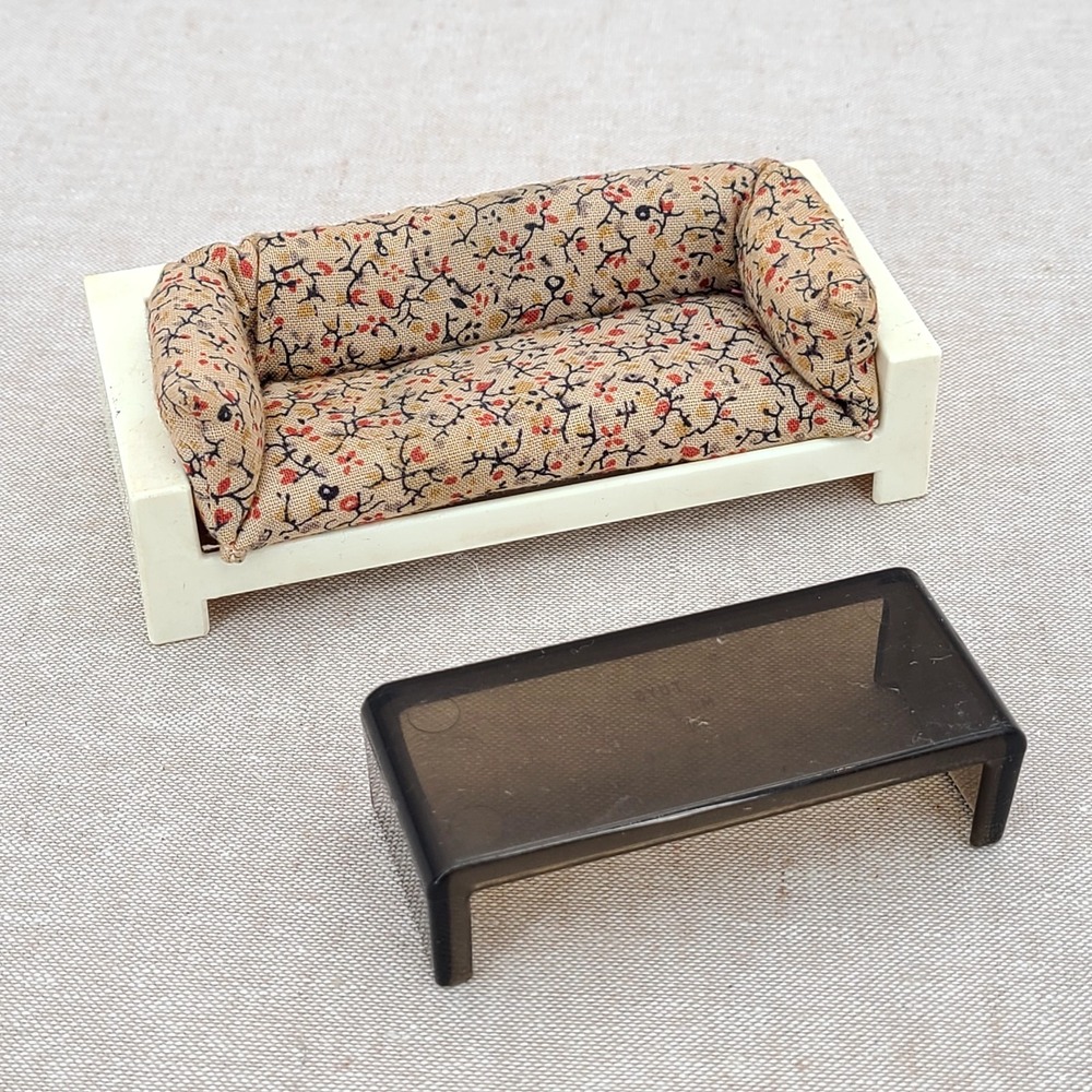 VTG 1977 Fisher-Price Dollhouse Miniature Beige Couch Sofa and coffee table